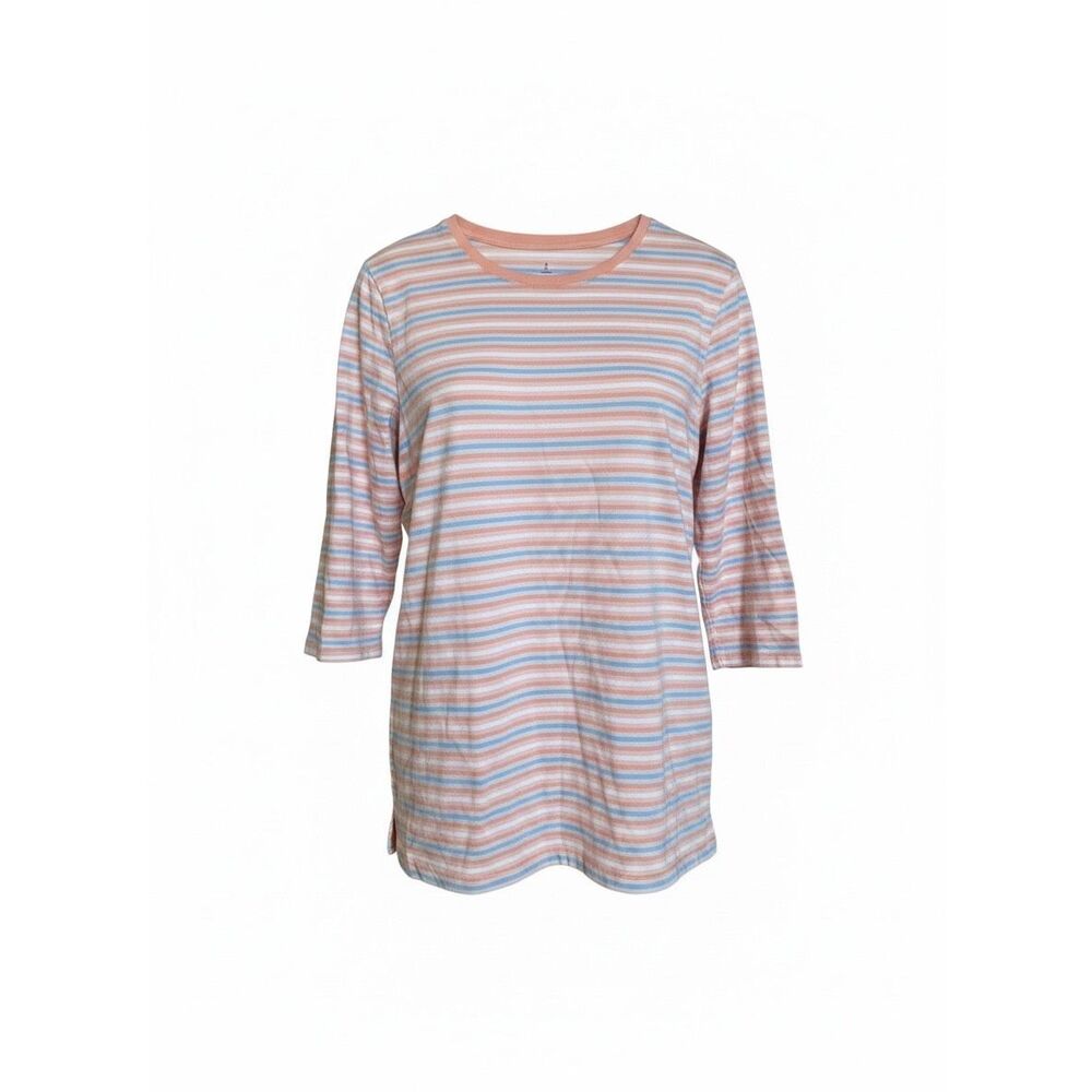 Lands' End NWOT Striped Cotton 3/4‎ Sleeve  Crew Neck T-Shirt Coral Blue Medium
